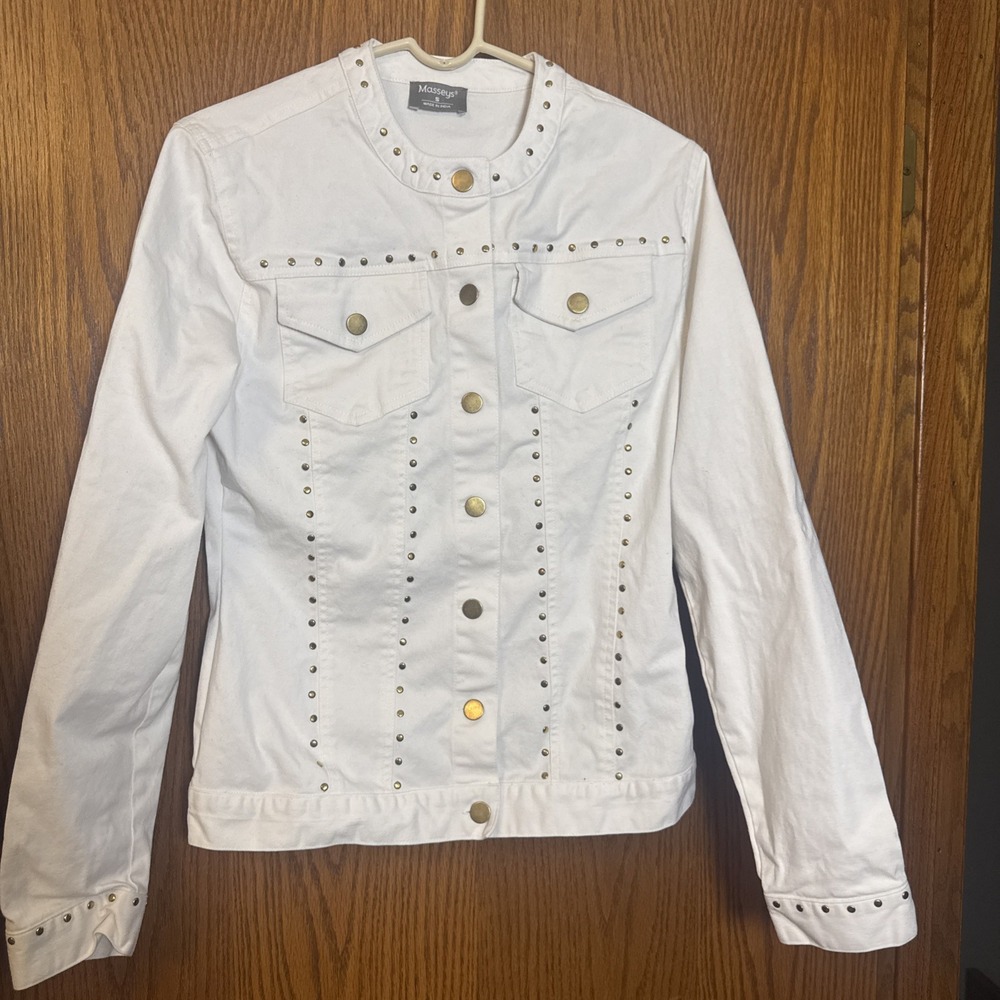 Masseys‎ S White Studded Denim Jacket, Gold Stud Accents, Size Small